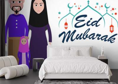 Eid mubarak greeting card  Happy eid and muslim Family Vector illustration Wall mural