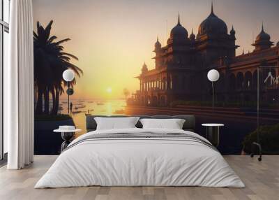 mumbai city architecture on coast of Arabian Sea at sunrise, metropolis during sunrise, heritage building India. Travel Photograph Wall mural