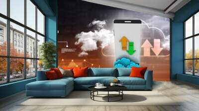   3d illustration uploading downloading arrow with mobile Wall mural