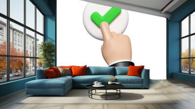 3D hand presses green button with check mark. Accepting, agree concept. Finger selects successful, correct answer. icon isolated on white background. 3d rendering illustration. Clipping path. Wall mural