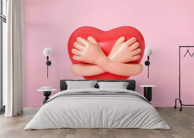 3D hands hugging a red heart with love. Hand embracing red heart on pink background. love yourself. Used for posters, postcards, World Heart Day. 3D render illustration Wall mural