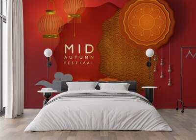 Happy Mid Autumn festival fullmoon background. Chinese red flower. concept of chinese festival celebration gong xi fa cai. 3D rendering illustration Wall mural