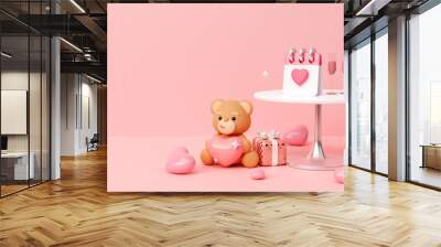 Happy valentine teddy bear holding pink hearts, anniversary, romantic gift, 3d render Illustration Wall mural