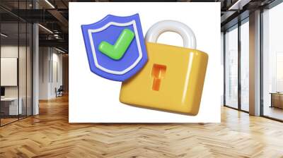 Shield with tick and padlock 3d render. security and safety concept. Protection and privacy symbol. Internet data or password security guarantee sign. 3d rendering illustration. PNG icon Wall mural