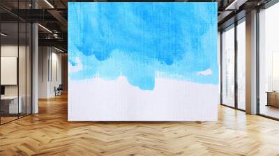 Blue watercolour paint brush on the white art paper background. Wall mural