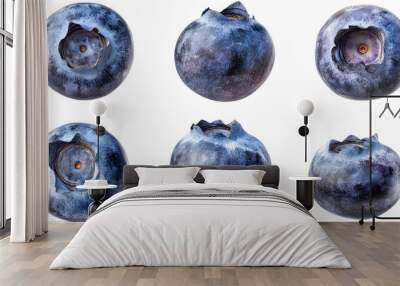 A pair of blue slippers and a pair of blue shoes on a white background with fresh blueberries scattered around Wall mural