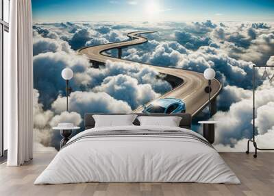 A car driving on a winding road between the clouds, indicating the concept of the difficulty of reaching the goal Wall mural