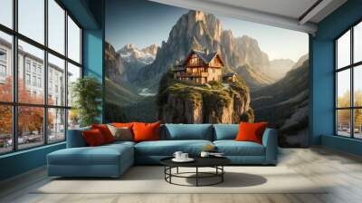 a small, cozy house perched on the edge of a high mountain Wall mural