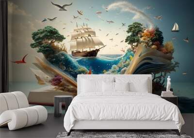 a whimsical 3d artwork of an open book with pages transforming into a vivid and bustling ocean scene Wall mural