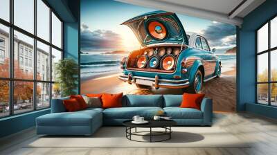 a youthful and appealing car with speakers on a beach Wall mural