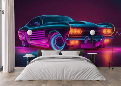 Coupe car in neon style on a dark background Wall mural