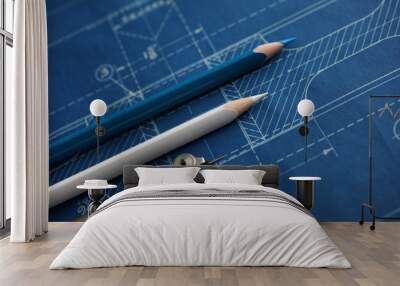 Drawing tools lying over blueprint paper Wall mural