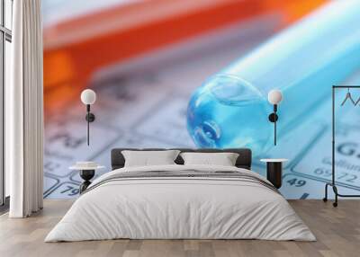 Two test tubes with colored reagents lying on periodic table closeup Wall mural