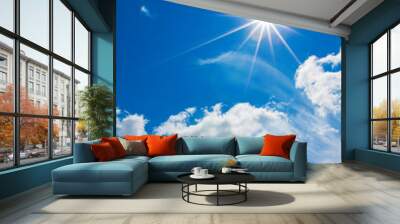 White clouds with sun in the blue sky Wall mural