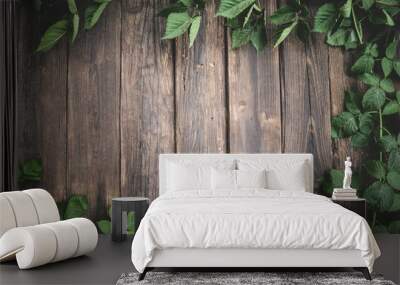 Green Ivy background around old wood Wall mural