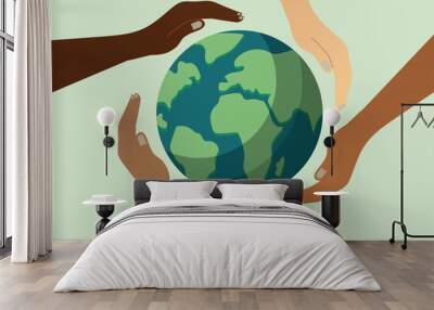 Diverse Hands Holding Earth Illustration - Unity, Diversity, Global Cooperation Concept Wall mural