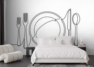 Continuous one line drawing of a cutlery. Knife spoon fork plate isolated on a white background. Vector illustration Wall mural