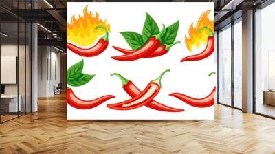 Set of red chili peppers in cartoon style isolated on white background. Hot chili peppers cooking food. Vector illustration Wall mural