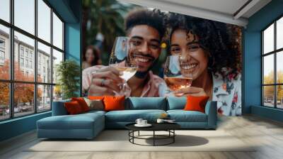 A couple enjoying a romantic dinner with wine, exchanging loving glances. Perfect for advertising romantic dinners and intimate moments. Wall mural