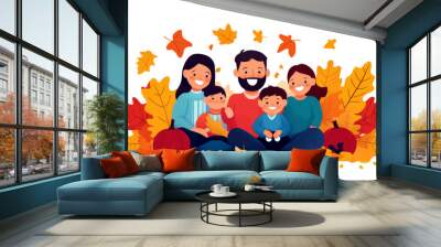 A happy cartoon family sitting together surrounded by falling autumn leaves, celebrating the joy of the season. Wall mural