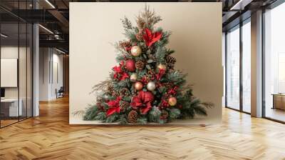 Beautiful Christmas tree adorned with a variety of large colorful ornaments, creating a festive centerpiece in a minimalist space with soft lighting and a neutral background. Wall mural