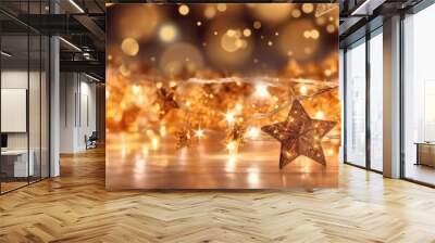 Christmas background decoration garland night light gold bokeh. holiday christmas ornament decoration, Copy space. Banner and poster.  Wall mural