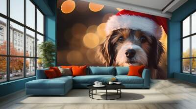 Christmas pet dog wearing a red santa claus hat. Background bright blurred lights bokeh light. Merry Christmas and Happy New Year. Festive bright beautiful background. Wall mural