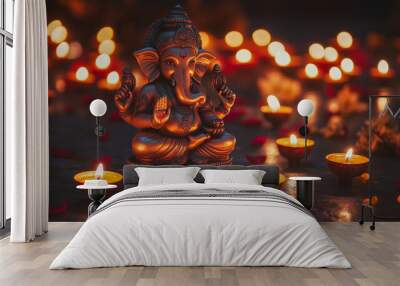 Diwali diya oil lamps with flowers and statue of GANESHA in a meditative pose and holiday background. Creating a festive and decorative composition. Wall mural