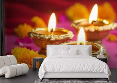 Diwali diya oil lamps with flowers holiday background. Creating a festive and decorative composition. Wall mural