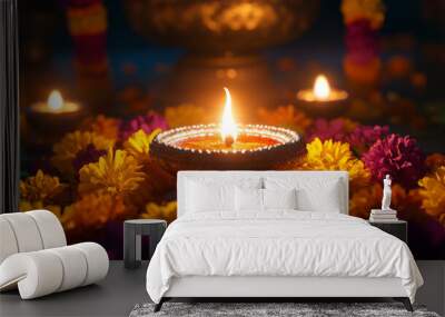 Diwali diya oil lamps with flowers holiday background. Creating a festive and decorative composition. Wall mural