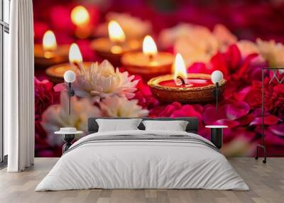 Diwali diya oil lamps with flowers holiday background. Creating a festive and decorative composition. Wall mural