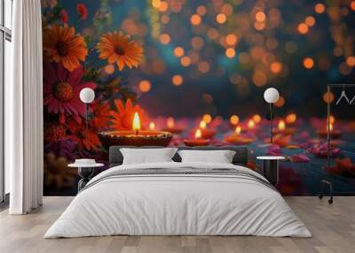 Diwali diya oil lamps with flowers holiday background. Creating a festive and decorative composition. Wall mural