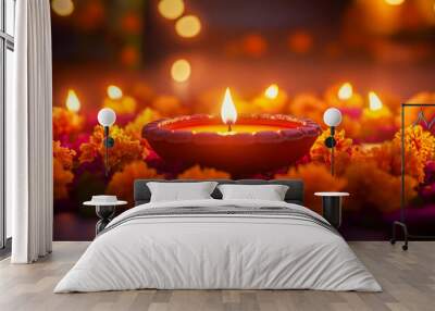 Diwali diya oil lamps with flowers holiday background. Creating a festive and decorative composition. Wall mural