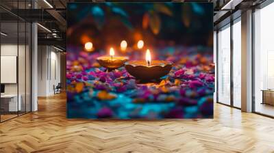 Diwali diya oil lamps with flowers holiday background. Creating a festive and decorative composition. Wall mural