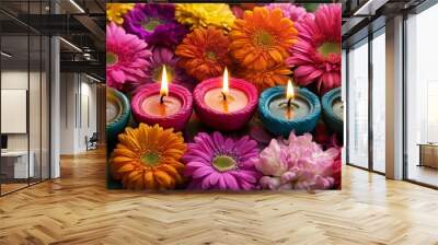 Diwali diya oil lamps with flowers holiday background. Creating a festive and decorative composition. Wall mural