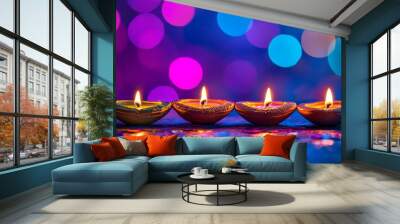 Diwali diya oil lamps with flowers holiday background. Creating a festive and decorative composition. Wall mural