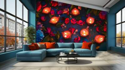 Diwali diya oil lamps with flowers holiday background. Creating a festive and decorative composition. Wall mural