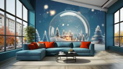 Glass Snowball with trees. Xmas winter Glass snow globe. Horizontal Christmas banner, web poster, header cap for website. Merry Christmas, Happy New Year. Festive beautiful background. generative ai Wall mural