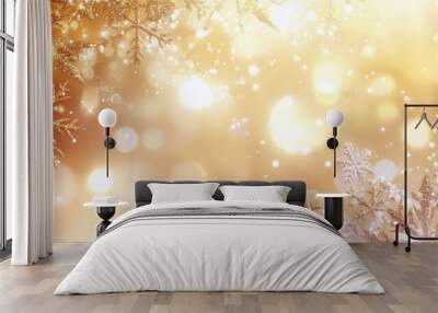 Glittering gold snowflakes and bokeh lights create a festive, sparkling holiday background. Wall mural