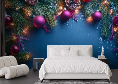 Merry Christmas and Happy New Year bright colorful composition. Xmas background with festive decorative elements. Festive banner and web poster, greeting card, flyer and brochure Wall mural