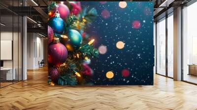 Merry Christmas and Happy New Year bright colorful composition. Xmas background with festive decorative elements. Festive banner and web poster, greeting card, flyer and brochure Wall mural