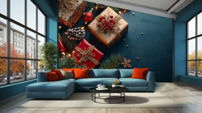 Merry Christmas and Happy New Year bright colorful composition. Xmas background with festive decorative elements. Festive banner and web poster, greeting card, flyer and brochure Wall mural