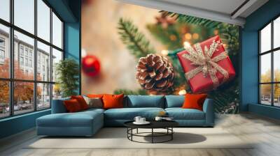 Merry Christmas and Happy New Year bright colorful composition. Xmas background with festive decorative elements. Festive banner and web poster, greeting card, flyer and brochure Wall mural