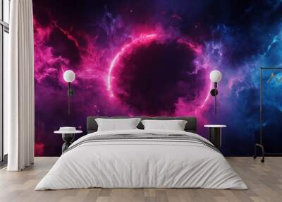 Neon Ring frame in black wall. A glowing neon circle with pink and blue lights surrounded by a smoky atmosphere on a dark background, creating a futuristic vibe Wall mural