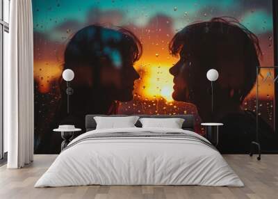 Silhouettes of a couple sharing a romantic moment by a rain-covered window at sunset. The warm glow of the sunset enhances the intimate atmosphere. Ideal for love, romance, and evening themes. Wall mural