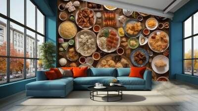 Top view of Chinese traditional food and drink on the wooden table. generative ai Wall mural