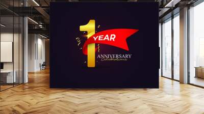  1 years Anniversary celebrations logo with ribbons. Gold color is elegant and luxurious. Wall mural