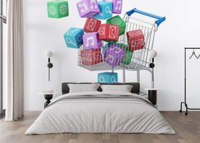 3d Shopping cart with Apps icons. Wall mural