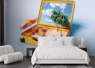 3d Travel suitcase. Beach vacation concept Wall mural