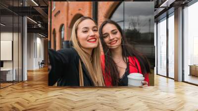 Two young friends taking a selfie outdoors. Wall mural